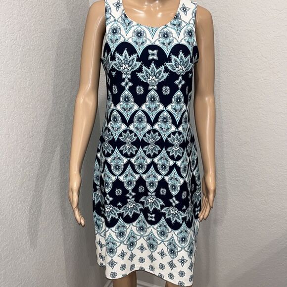 Charter Club blue geometric print designer dress. - Picture 2 of 7